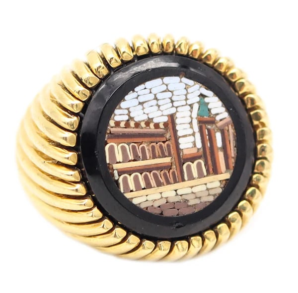PETOCHI Firenze Roman Revival Ring With Micro Mosaic In 18Kt Yellow Gold: Clips-on earrings designed by G. Petochi.This is a beautiful cocktail ring created in Roma Italy at the atelier of G. Petochi, back in the 1970. The ring has been crafted with classic fluted patterns