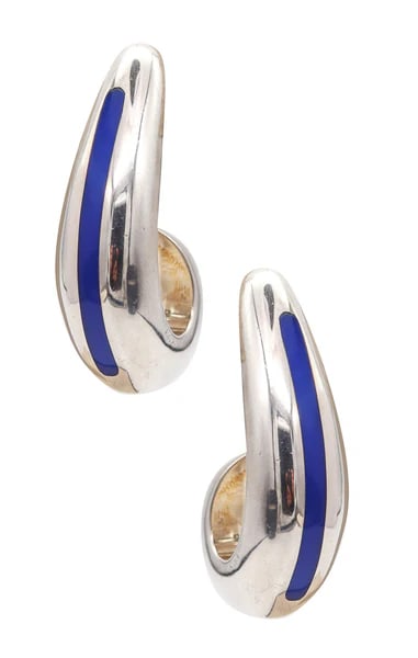 ZINA BEVERLY HILLS Enamelled clips-on hoops Earrings In .925 Sterling Silver: Pair of hoops clips-on earrings designed by Zina.This is an outstanding pair of clips-on hoops-earrings created in California by the goldsmith artist Zina, back in the late 20th century. These earring