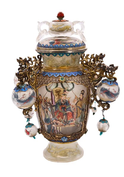 China Republic Post 1912 Inside Painted Rock Crystal Vase With Sterling Silver & Enamel (1 of 6)