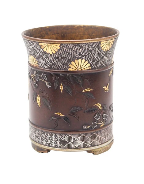 MEIJI Period Japan 1890 Imperial Shakudo Gold Mixed Metals Brush Vase-Pot (1 of 6)