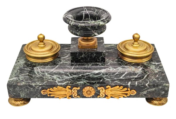 NAPOLEON III Antique 1870 French Desk Tray Set In Gray Marble And Gilt Ormolu (1 of 6)