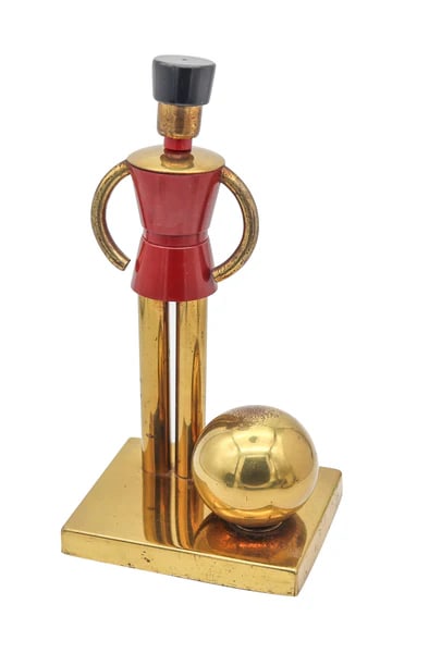 WALTER VON NESSEN 1930 For Chase Lacquered Toy-Soldier Figure In Gilt Brass: Art deco figure designed by Walter Von Nessen for Chase Usa Co.This is a beautiful Streamline decorative desk figure created during the Art Deco period by Walter Von Nessen for the Chase USA Co., back