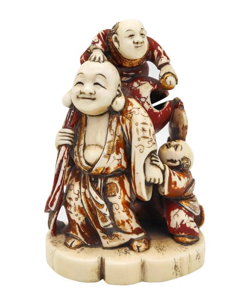 JAPAN 1900 Meiji Signed Okimono Sculpture of Fukurokuju In Polychrome & Gilt: Meiji period okimono sculpture of Fukurokuju.This is a beautiful okimono sculpture created in the late 19th century during the imperial Japan in the Meiji era period, back in 1900. The okimono sculptu