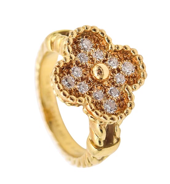 VAN CLEEF & ARPELS 1970 Vintage Alhambra Ring In 18Kt Yellow Gold With Diamonds (1 of 6)