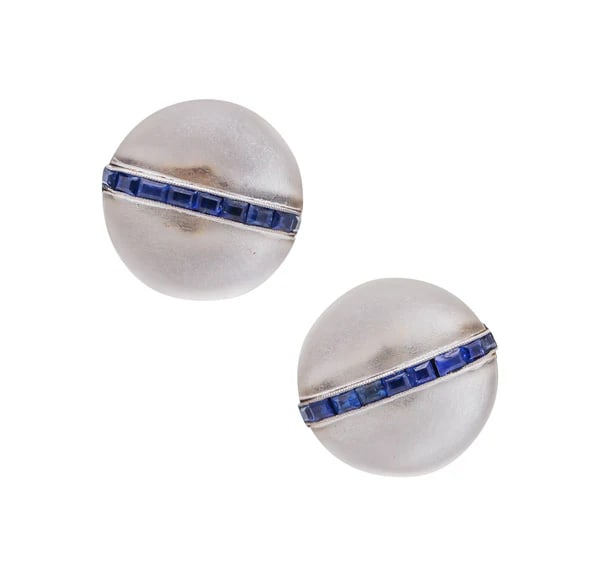 FRENCH 1925 Art Deco Rock Quartz Studs Earrings In 18Kt Gold With Sapphires: Pair of French art deco platinum studs earringsThis is a beautiful antique pair of studs earrings, created in France during the art deco period, back in 1925. The pair of earrings was crafted in round