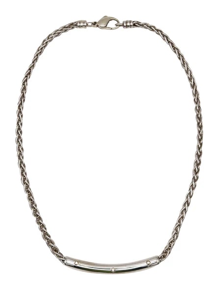 Movado Modernist Tubular Necklace In 18Kt .925 Sterling Silver With 3 VS Diamonds: A necklace designed by Movado.An elegant everyday piece, created by Movado in solid .925/.999 sterling silver, with accents in 18 karats yellow gold and is finished with very high polish. Fitted the c