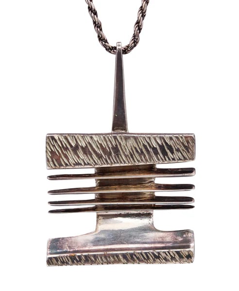 Scandinavian Artist Jine 1970 Geometric Pendant Necklace In .925 Sterling Silver: Scandinavian geometric necklace.Beautiful and unusual Scandinavian piece, created in northern Europe, circa 1970's. This geometric pendant has been crafted in solid .925/.999 with polished and texture