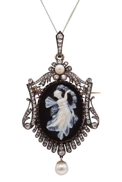 French 1860 Neo Classic Pendant Brooch In 18Kt Gold With Diamonds And Natural Pearls (1 of 6)