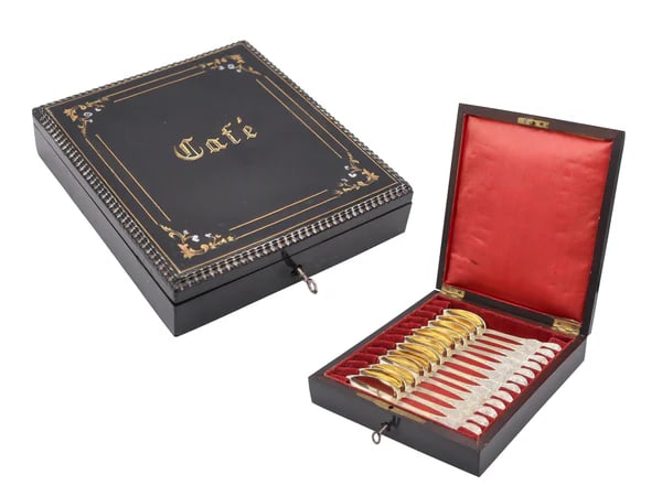 NAPOLEON III Antique 1860 French 12 Sterling Coffee Spoons Set In Fitted Ebony Box: A Napoleon III boxed set of twelve coffee spoons.This is a fantastic unused set of twelve coffee spoons created in Paris France during the Napoleon III period, back in 1860. The spoons are masterfully