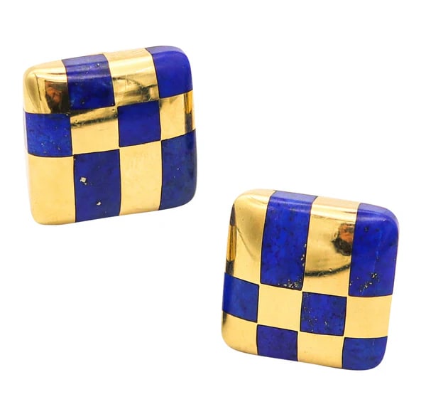 Tiffany & Co. 1982 Angela Cummings Lapis Checkerboard Earrings In 18Kt Yellow Gold: Checkerboard earrings, designed by Angela Cummings for Tiffany & Co.This is a beautiful vintage geometric pair of earrings, created in New Yor City by Angela Cummings for Tiffany & Co. back in 1982. T