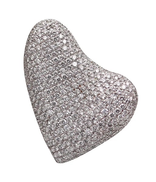 GAVELLO Milano Heart Shaped Cocktail Ring In 18Kt Gold With 6.64 Ctw Diamonds: A heart shaped cocktail ring designed by Gavello.This fabulous heart-shaped cocktail ring was created in Milan Italy by the jewelry house of Gavello. The contemporary ring is pretty oversized and bold