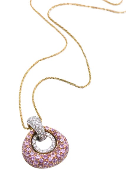 PINK SAPPHIRE & DIAMONDS 18 KT NECKLACE CHAIN: NICE MODERN NECKLACE CHAIN WITH PENDANT. CONTEMPORARY, MADE IN ITALY AND CRAFTED IN 18 KARAT ROSE GOLD AND WHITE GOLD. GREAT LOOK AND NICE EYE APPEAL.FULL PAVEE SETTING OF ROUND BRILLIANT CUT GEMSTONE