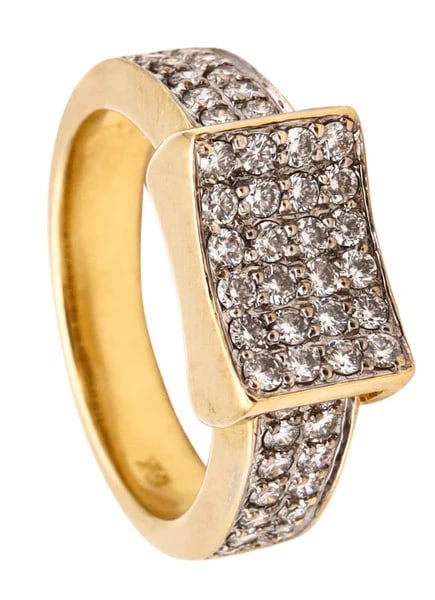 Italian Modernist Geometric Ring In 18Kt Yellow Gold With 1.04 Cts In VS Diamonds: Jeweled geometric ring.A modern jeweled band ring crafted in Italy in solid yellow gold of 18 karats with white gold accents for the diamonds settings.Mounted, with a beautiful pave setting of 52 very