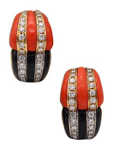 FRENCH Modernist Clips On Earrings In 18Kt Gold With Diamonds Coral & Onyxes: Retro-modern clips earrings made in France.These are fabulous clips-on earrings, created in Paris France back in the 1970. The colorful earrings has been designed with retro-modernist patterns and mas