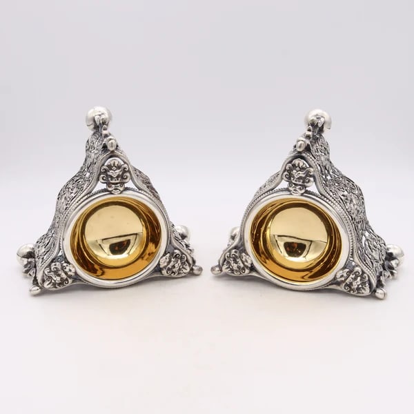Germany 1870 Important Pair Of Neoclassical Salt Species Cellars In 24Kt Gilt Silver: Rare pair of German Salt-Species Cellars.An important matching pair of oversized salt and spicy cellars, created in Germany in the 19th century, circa 1870. These beautiful pieces has been carefully c