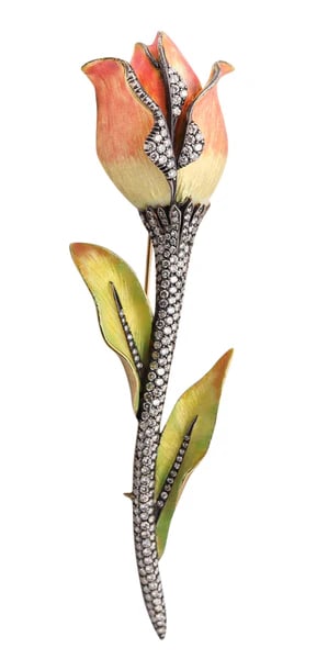 ART NOUVEAU Enameled Tulip Flower Brooch In 18Kt Gold With Diamonds: An art nouveau enameled Tulip brooch.This is an exceptional colorful brooch created in France in the Art Nouveau style. This outstanding oversized brooch has been carefully crafted in the shape of a t