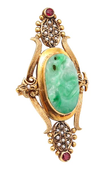 ART & CRAFT 1890 Cocktail Ring In 18Kt Yellow Gold With Jade Rubies & Pearls: A.5 European Art-Craft cocktail ring.This is an amazing cocktail ring created in Europe, back in the 1890-1900. This rare art & craft sculptural ring is a one-of-a-kind piece masterfully crafted by an