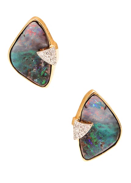 MODERNIST Clips-On Earrings In 14Kt Yellow Gold With Diamonds And Opals: Modernist earrings with boulder opals.These are a beautiful modernist clips-on earrings, crafted with triangular shapes in solid yellow gold of 14Kt with high polished finish. They are mounted with a