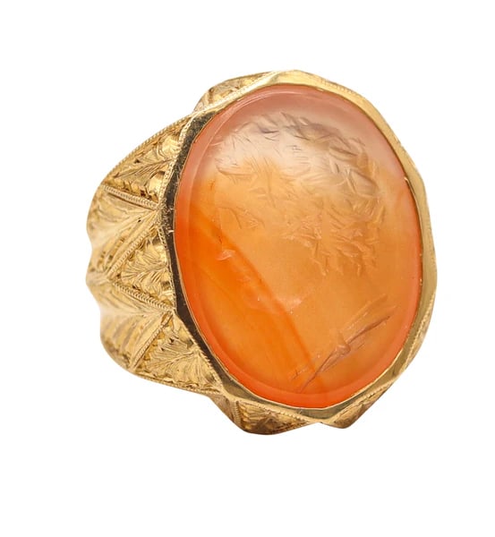 INTAGLIO 1920 Art-Deco Signet Ring In Solid 18Kt Yellow Gold With Carved Agate (1 of 6)