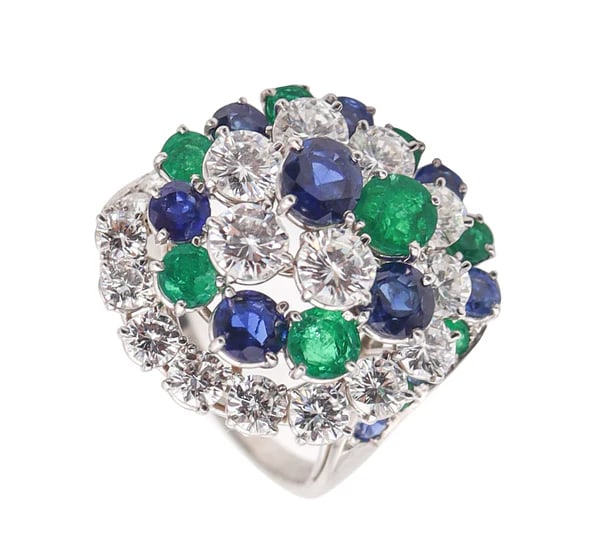 OSCAR HEYMAN Cocktail Ring Platinum With 8.78 Ctw Diamonds Sapphires Emeralds: A cluster cocktail ring designed by the Oscar Heyman Brothers.This is a fantastic cluster cocktail ring created in New York city by the iconic jewelry makers of Oscar Heyman Company, back in the 1950'