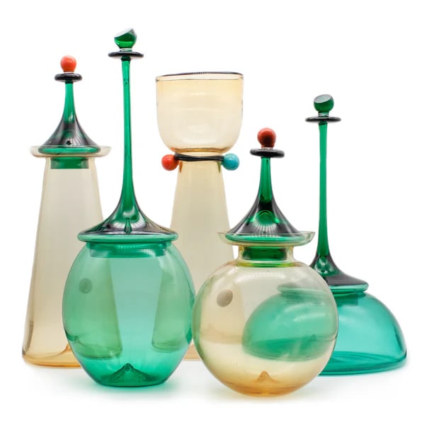 YOICHI OHIRA 1991 FOR CLETO MUNARI SCULPTURAL GLASS SUITE: A EXCEEDINGLY RARE SCULPTURE SUITE DESIGNED BY YOICHI OHIRA FOR CLETO MUNARI.A VERY RARE PROTOTYPE SUITE COMPOSED BY 5 PIECES WITH LIDS. EACH ONE IS HAND CRAFTED IN BLOWN COLORED GLASS WITH DETAILS AP