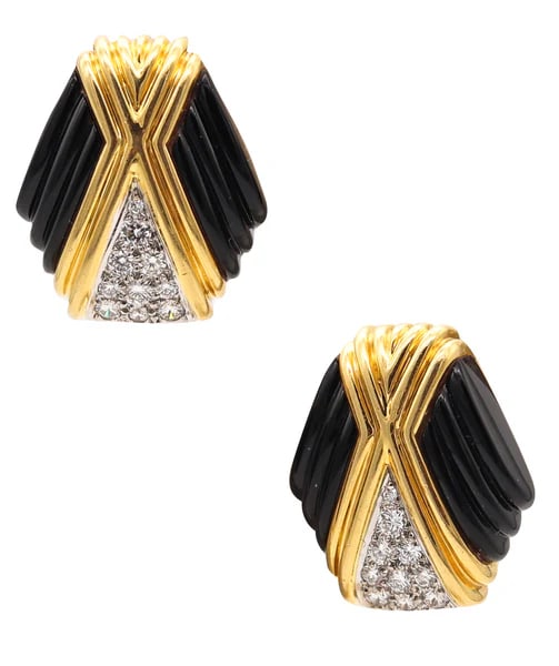 CHARLES TURI Pair Of Clips Earrings In 18Kt Gold With 1.30 Ctw In Diamonds & Onyxes: Pair of earrings designed by Charles Turi.This is a gorgeous pair of classic clips-on earrings, created by the jewelry designer Charles Turi, back in the 1970. This pair has been crafted with modernis
