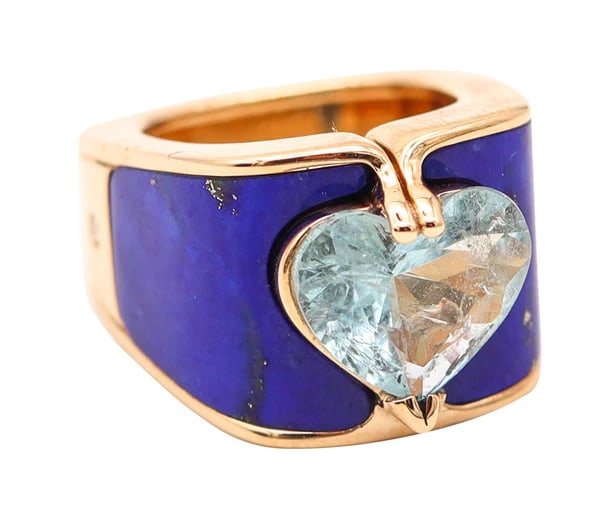 PAUL BINDER 1970 Swiss Cocktail Ring In 18Kt Yellow Gold With Lapis & Aquamarine: Sculptural cocktail ring designed by Paul Binder.This is a beautiful modernist ring created in Zurich Switzerland at the jewelry atelier of Paul Binder, back in the 1970. This cocktail ring has been c