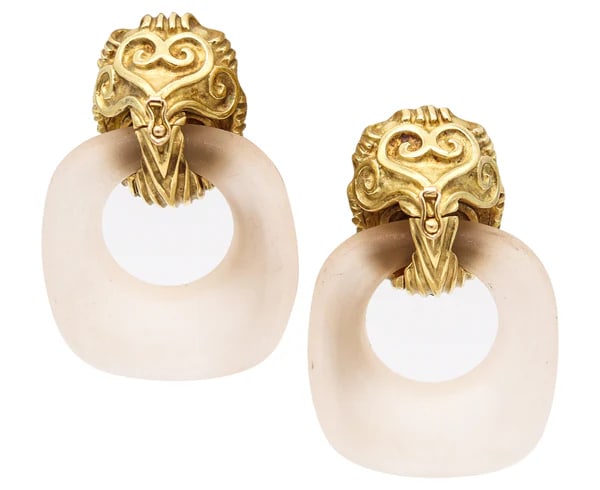 WANDER-FRANCE 1960 Doorknockers Dangle Earrings In 18Kt Gold & Rock Quartzes: Statement door knocker’s earrings designed by Wander-France.This is a beautiful and bold pair of door-knockers earrings created by Wander-France, back in the 1960-1970. These gorgeous earrings were