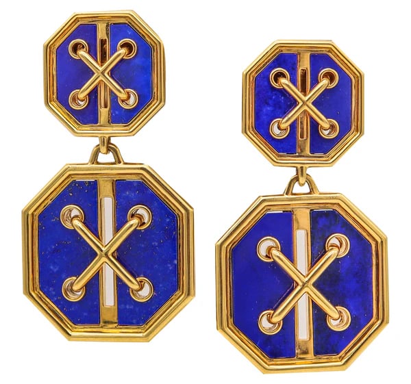 DAVID WEBB Aldo Cipullo Design Dangle Earrings In 18Kt Gold With Lapis Lazuli: Geometric dangle earrings designed by Aldo Cipullo for David Webb.This is a fabulous pair of dangle earrings created in New York City at the atelier of David Webb. The original design was conceived by