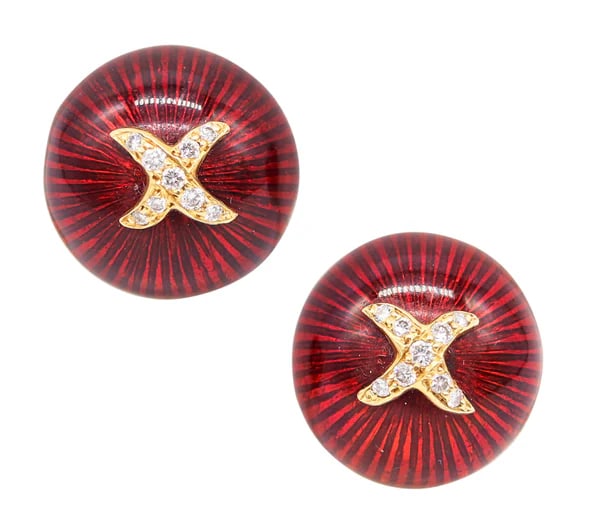 HIDALGO Enameled Round Bombe Clips Earrings In 18Kt Gold With Diamonds: Pair of bombe clips-on earrings designed by Hidalgo.This is a beautiful and colorful vintage pair of earrings created by the jewelers of Hidalgo. back in the late 20th century. They were crafted with