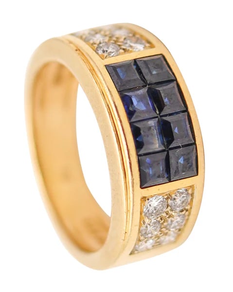 CARTIER Ring Band In 18Kt Yellow Gold With 1.54 Ctw In Sapphires & Diamonds: Classic band ring designed by Cartier Paris.This is a beautiful ring created in Paris France by the iconic jewelry house of Cartier, back in the late 20th century. The modernist ring has been carefull