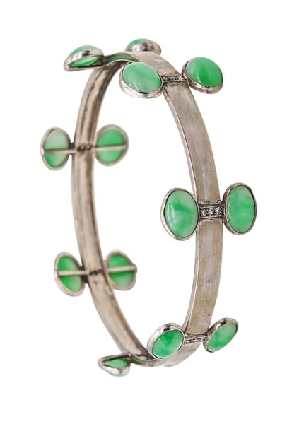 PETOCHI Bangle Bracelet In 18Kt Gold With 27.56 Ctw In Diamonds And Jadeite: Bangle bracelet designed by G. Petochi.Magnificent, elegant and sleek contemporary bracelet, created in Roma Italy at the atelier of G. Petochi. This unusual geometric bangle was crafted with modernis
