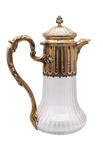 LEON LAPAR Paris 1895 Claret Wine Ewer Pitcher In Cut Crystal & Gilt .950 Sterling (1 of 4)