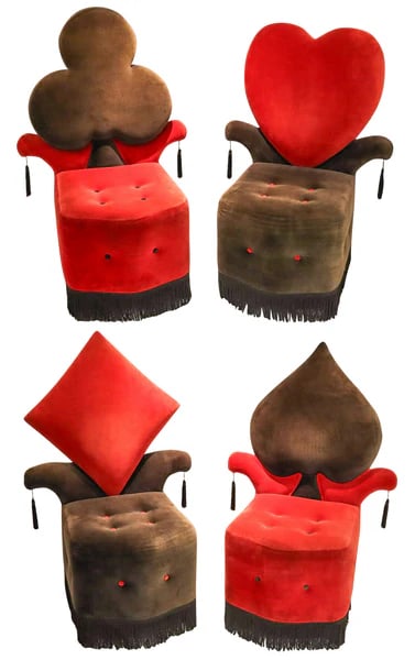 BLACK JACK 1970 Set of Four Large Vintage Playing Card Suit Red & Black Chairs: Set of four Blackjack lounge chairs.This unique set of four Blackjack chairs is sure to add a touch of whimsy to your home decor. The set includes four chairs, each designed to resemble one of the fou