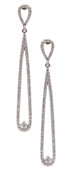 CONTEMPORARY Dangle Drops Earrings In 18Kt White Gold With VS Diamonds: Pair of dangle diamonds earringsThis is a beautiful pair of contemporary dangle-drops earrings crafted in solid white gold of 14 karats with high polished finish. They are mounted with a nice graduate