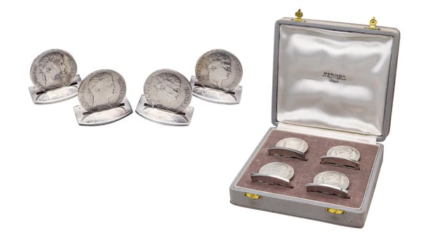 HERMES Paris 1970 Table Menu-Cards Holders With Napoleon Coins 925 Sterling Silver: Table cards holders designed by Hermes.This is a very rare and unusual set of four table menu-card holders created in Paris France by the luxury house of Hermes, back in the 1960-1970. These set of fo
