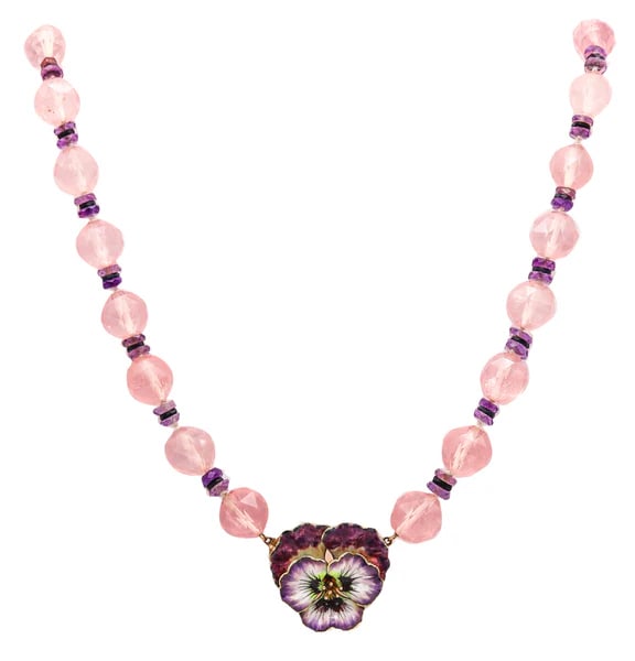 Art Nouveau 1905 Enamel Pansy Flower Necklace In 14Kt Gold With Pink Quartz: Art nouveau necklace with enamel pansy flower.Colorful necklace with a Pansy flower motif, created in America during the Edwardian and the Art Nouveau periods, back in the 1900.. This beautiful gradua