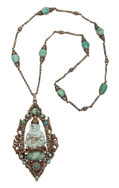 Austrian Hungarian 1910 Buddha Pendant Sautoir In Gilded Sterling With Turquoises: An Austrian-Hungarian orientalism pendant sautoir with turquoises.This beautiful and extraordinary pendant necklace-sautoir is one of the best example we have ever seen of Austrian-Hungarian empire je