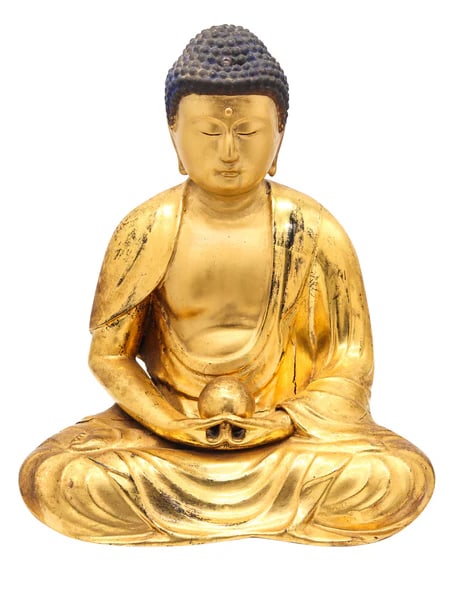 JAPAN Edo Period 1825 Seated Buddha Sculpture In Solid Gilded Carved Wood: A seated Buddha sculpture in gilt carved wood from the Edo Period.This is a superbly refined carved wooden figure of a seated Buddha with fabulous pure gold gilt. The sculpture has been created in Jap