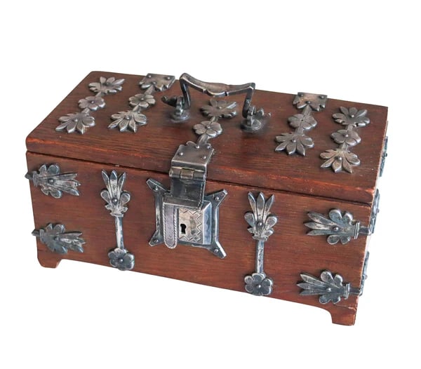 GERMAN 1890 Treasure Chest Decorative Box In Cedar Wood & Silver Hardware (1 of 4)