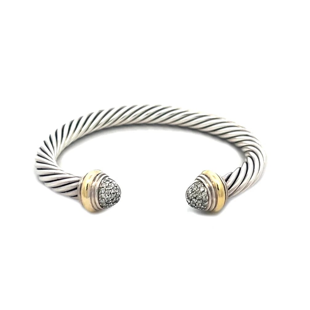 David Yurman Diamond Cuff Bracelet Sterling Silver 18k Gold Cable Band (1 of 6)