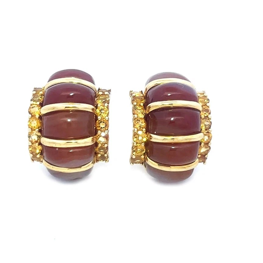 Seaman Schepps Gold Earrings Shrimp Style Gemstone 18k Yellow Clip On: The Seaman Schepps Gold Earrings in shrimp style features brick red carnelian gemstone with a multicolor prong set citrine stone on each side of the earring. These clip-on huggie pair is signed by the