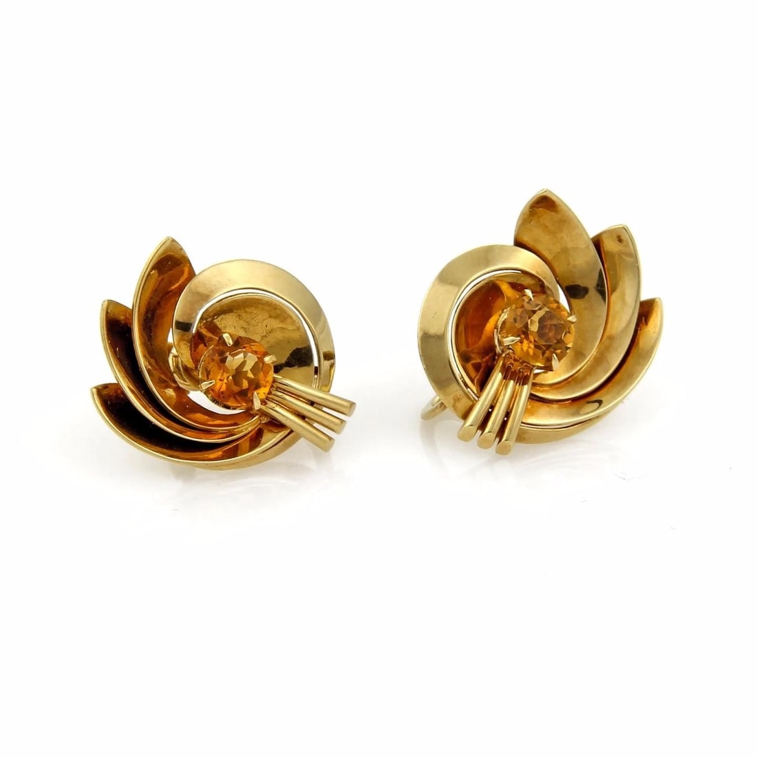 Tiffany & Co. Gold Earrings Citrine 14k Yellow Floral Screw Back Vintage: These beautiful pair of vintage earrings are by Tiffany & Co. crafted from 14k yellow gold with a polished finish featuring a floral swirl design with a round cut prong set citrine gemstone in the cen