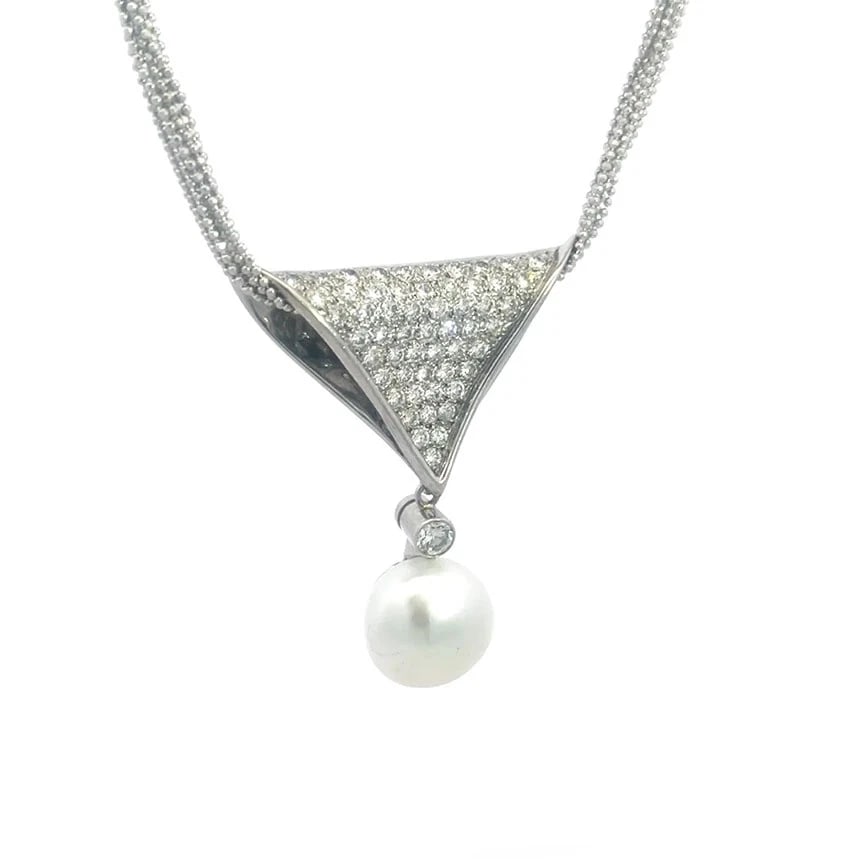 Diamond Gold Pearl Necklace 14k White Multi-Chain Wide Dangle Pendant: This gorgeous necklace is a fine jewelry featuring a wide flare double fold pendant with a dangling pearl and a larger bezel set diamond. The front of the pendant has combination of natural white diam