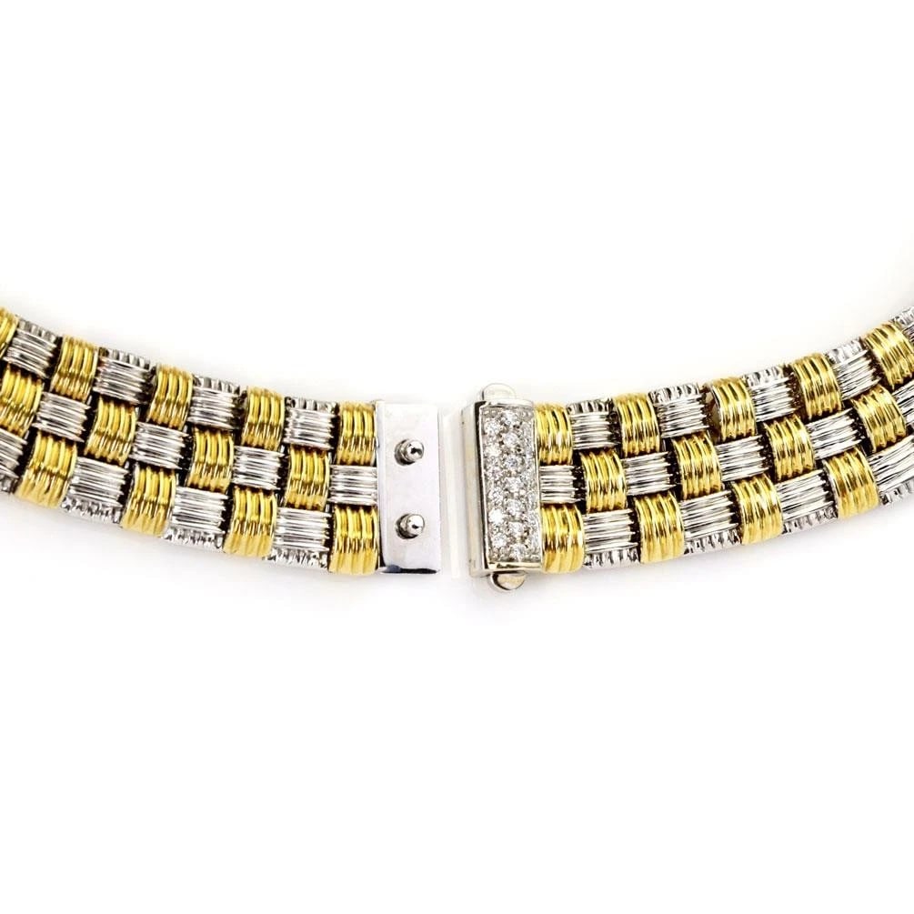 Roberto Coin Appassionata Diamond 18k Gold Basket Weave Collar Necklace: This is a beautiful authentic collar necklace by Roberto Coin from the Appassionata collection. It is crafted from 18k yellow and white gold with a polished finish. The 14.5mm wide collar necklace fea