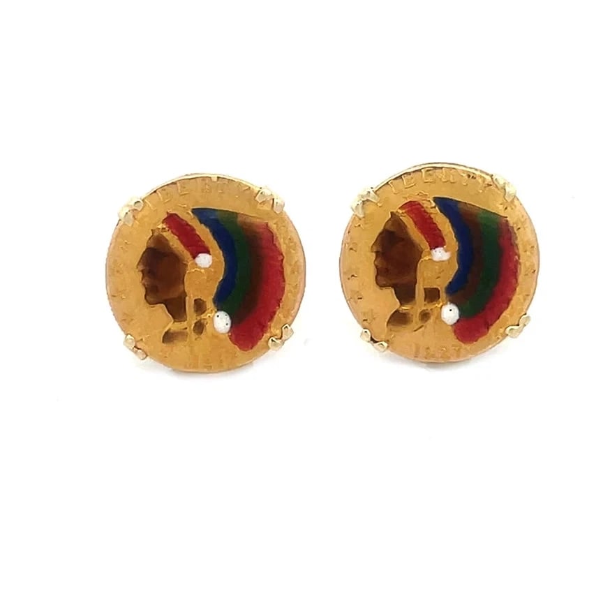 Gold Enamel Coin Stud Earrings 18k 14k Yellow Chief Head Multicolor: This pair of 18k yellow gold coin studs set in 14k yellow gold frame features the Chief's head with the multicolor enamel headdress. The pair of earrings come with butterfly backs and the coins are