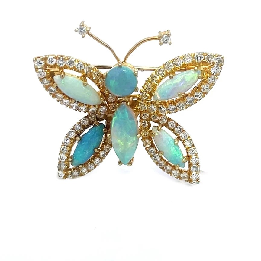 Hammerman Brothers Gold Opal Brooch Butterfly Diamond 18k Yellow: This adorable brooch is by designer Hammerman Brothers, it features a beautiful butterfly pin in 18k yellow gold with natural white prong set diamonds which outline the frame of the 4 wings on the
