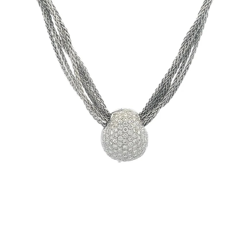 Zydo Diamond Gold Necklace Pave Set 18k White Multi-Chain Slide Charm: The Zydo Diamond Gold Necklace is a stunning piece of fine jewelry featuring an odd shape dome pendant which slide on the multi-chain necklace. The slider charm is set with natural white diamonds in