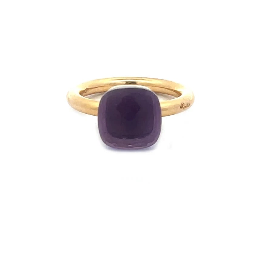 Pomellato Nudo Classic Gold Ring Amethyst 18k Rose Solitaire: The Pomellato Nudo Classic ring in 18k rose gold is a fine piece of fine jewelry featuring cushion shape amethyst gemstone set on a square shape rose gold bridge in polished finish. It has a thick