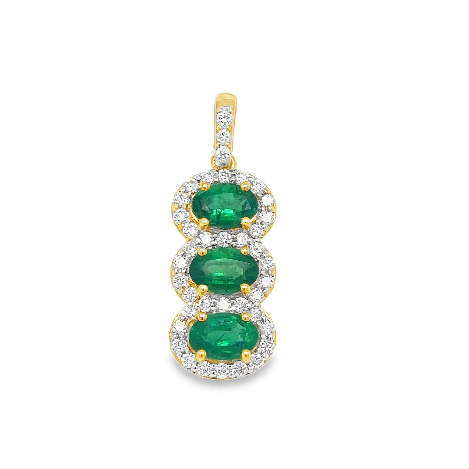 18KT YELLOW GOLD DIAMOND AND EMERALD PENDENT: 18KT YELLOW GOLD DIAMOND AND EMERALD PENDENT18KT GOLD WT. APPROX. 2.44 GRAMDIAMOND WT. APPROX. 0.46 CARAT / 39 PCSEMERALD WT. APPROX. 1.65 CARAT / 3 PCSSIZE APPROX. - 25 MM X 9.5 MM